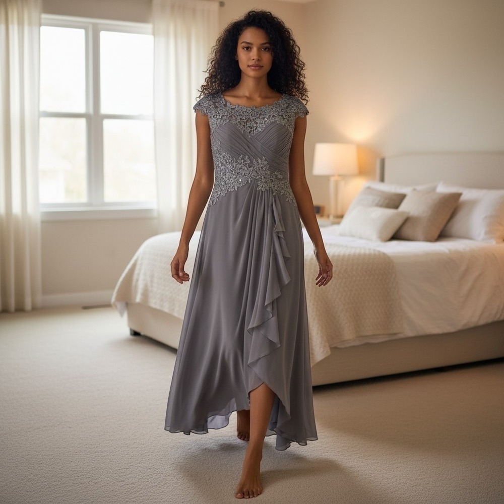 JJ's House Grey Lace Chiffon Formal Gown Dress Sequin Ruched US 12 CD71022